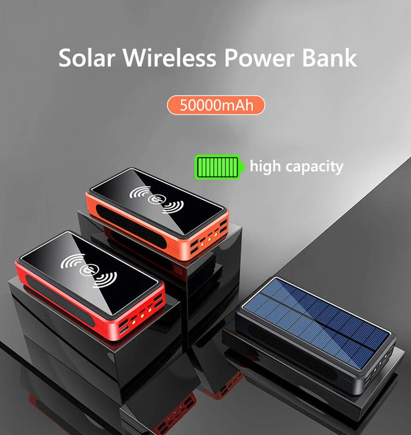 Solar Power Bank 50000Mah High Capacity Portable Charger Battery Wireless Charger Powerbank for Iphone 15 16 Pro Samsung Xiaomi