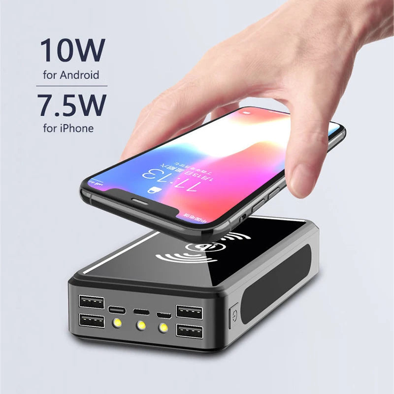 Solar Power Bank 50000Mah High Capacity Portable Charger Battery Wireless Charger Powerbank for Iphone 15 16 Pro Samsung Xiaomi